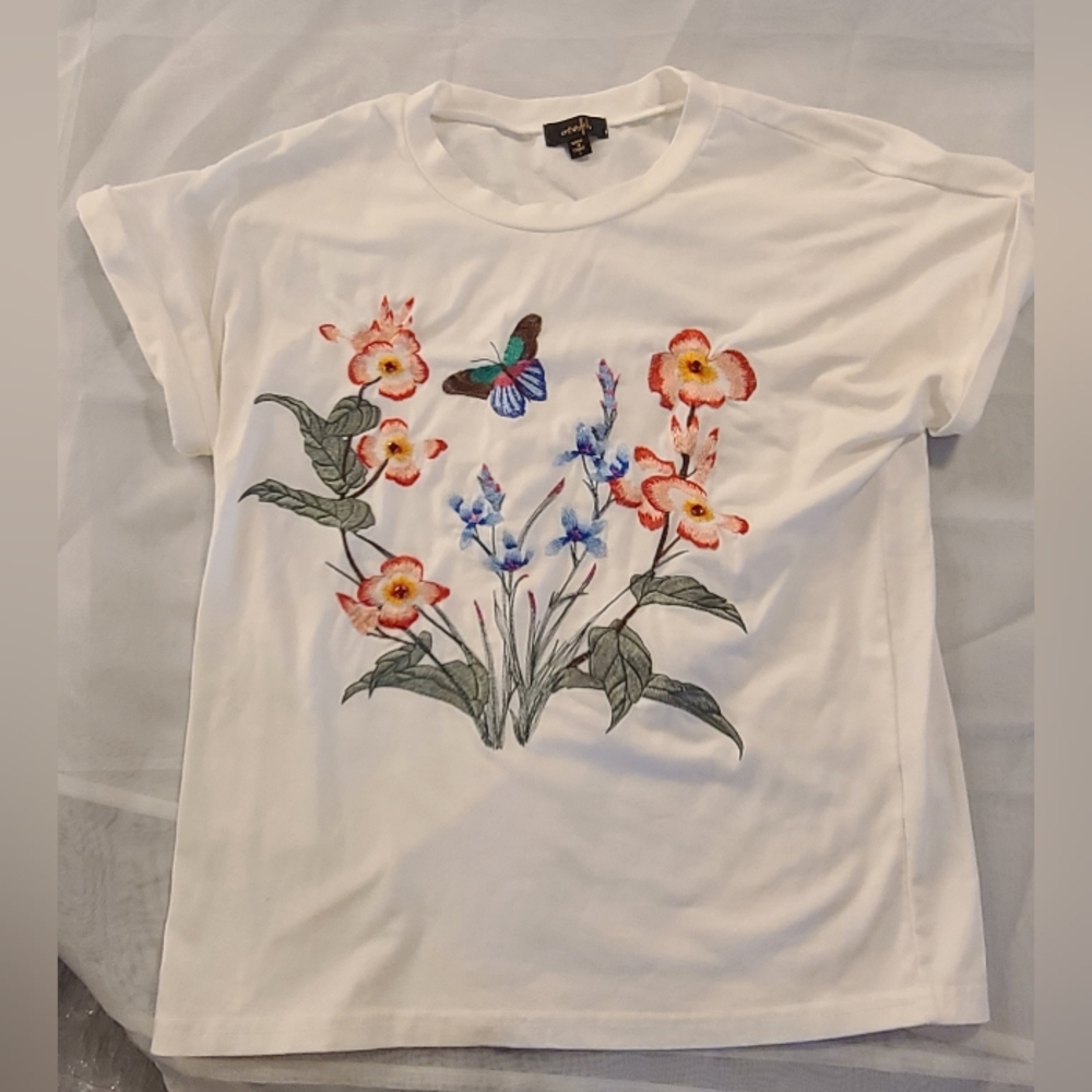 #003 - On Twelfth Floral Embroidered White T-Shirt, Small - Picture 2 of 6